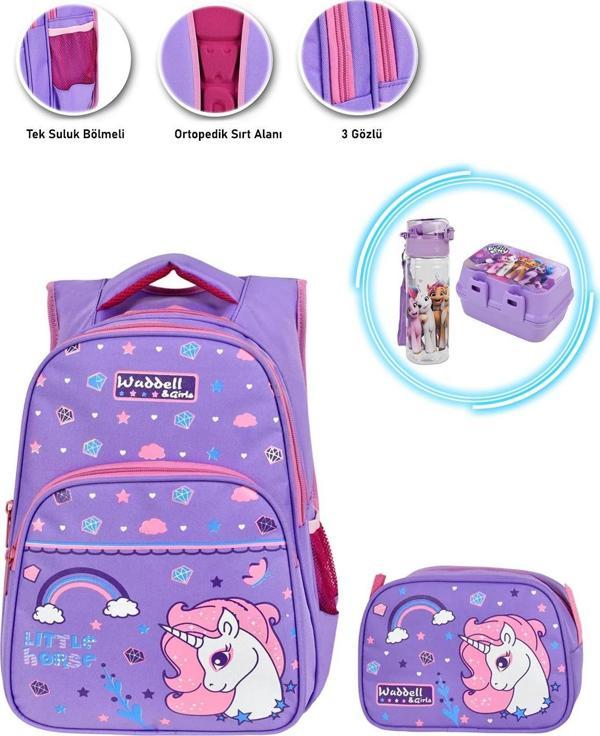 Lila Kristal Unicorn Okul Çantası + My Little Pony Beslenme Kutusu + Pony Suluk İlkokul Çantası - Image 1