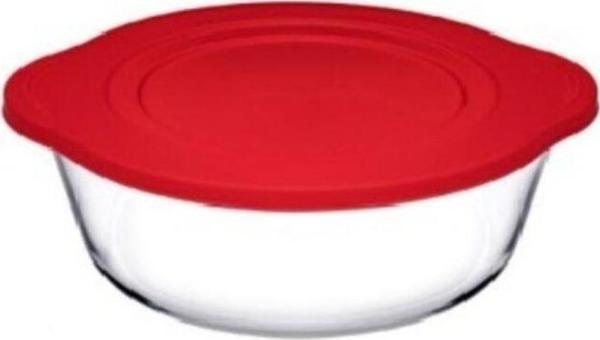 Paşabahçe 59123 Kırmızı Silikon Kapaklı Borcam Yuvarlak Tencere 1450 CC 25 Cm - Image 1