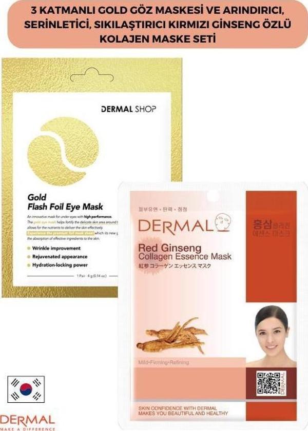 Dermal 3 Katmanlı Gold Göz Maskesi ve Arındırıcı, Serinletici, Sıkılaştırıcı Kırmızı Ginseng Özlü Kolajen Maske Seti - Image 1