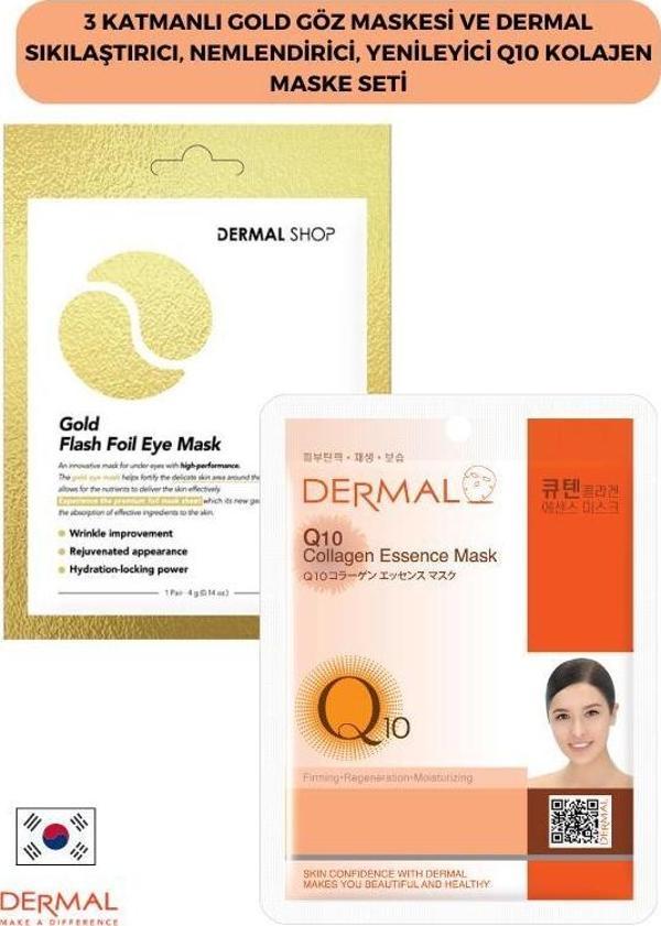 Dermal 3 Katmanlı Gold Göz Maskesi ve Dermal Sıkılaştırıcı, Nemlendirici, Yenileyici Q10 Kolajen Maske Seti - Image 1