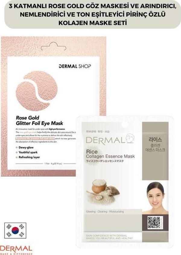 Dermal 3 Katmanlı Rose Gold Göz Maskesi ve Arındırıcı, Nemlendirici Ve Ton Eşitleyici Pirinç Özlü Kolajen Maske Seti - Image 1