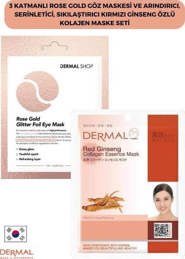 3 Katmanlı Rose Gold Göz Maskesi ve Arındırıcı, Serinletici, Sıkılaştırıcı Kırmızı Ginseng Özlü Kolajen Maske Seti - Image 1