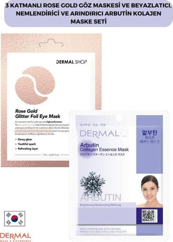 Dermal 3 Katmanlı Rose Gold Göz Maskesi ve Beyazlatıcı, Nemlendirici Ve Arındırıcı Arbutin Kolajen Maske Seti - Image 1