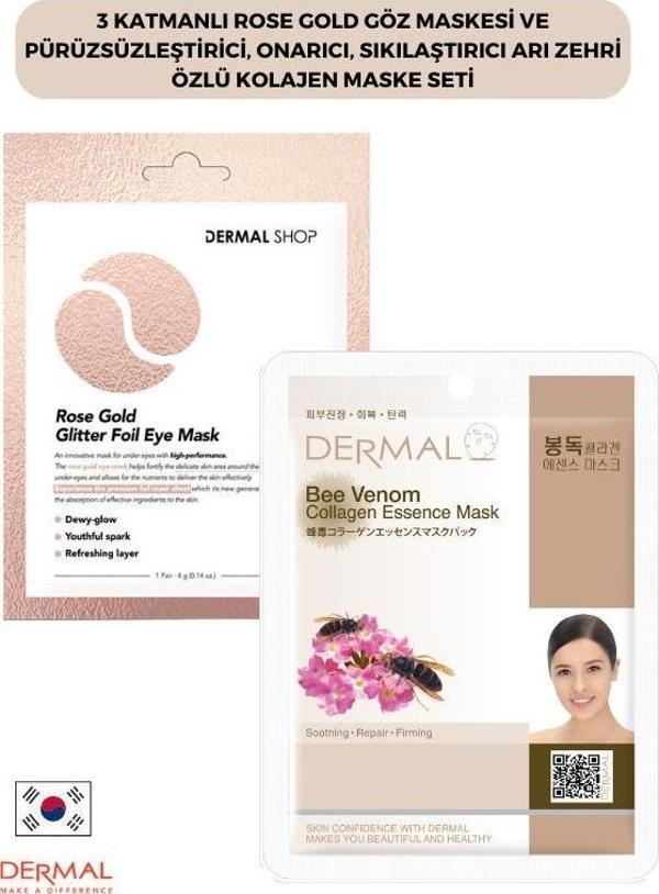Dermal 3 katmanlı Rose Gold Göz Maskesi ve Pürüzsüzleştirici, Onarıcı, Sıkılaştırıcı Arı Zehri Özlü Kolajen Maske Seti - Image 1