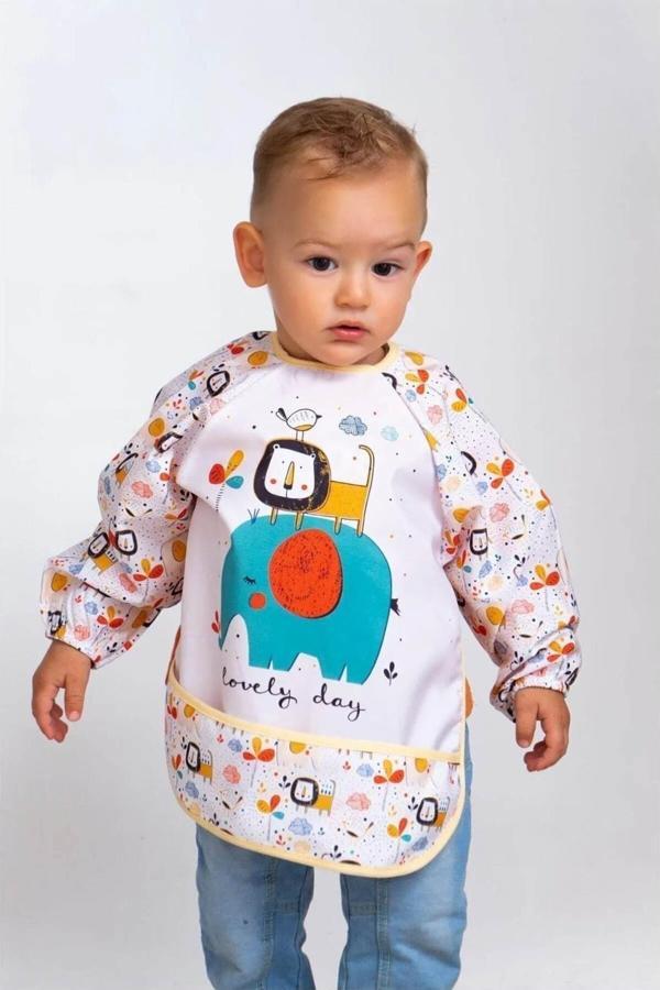 diamondstar Unisex Aslan Fil Baskılı 3-24 Aylık Mama Önlüğü Cepli Beslenme Önlüğü - Image 1