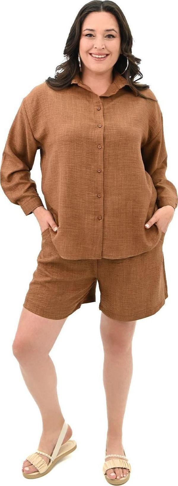 Koza Butik Kadın Büyük Beden Şortlu Keten Takım 8121-25 Kahverengi 6XL - Image 1