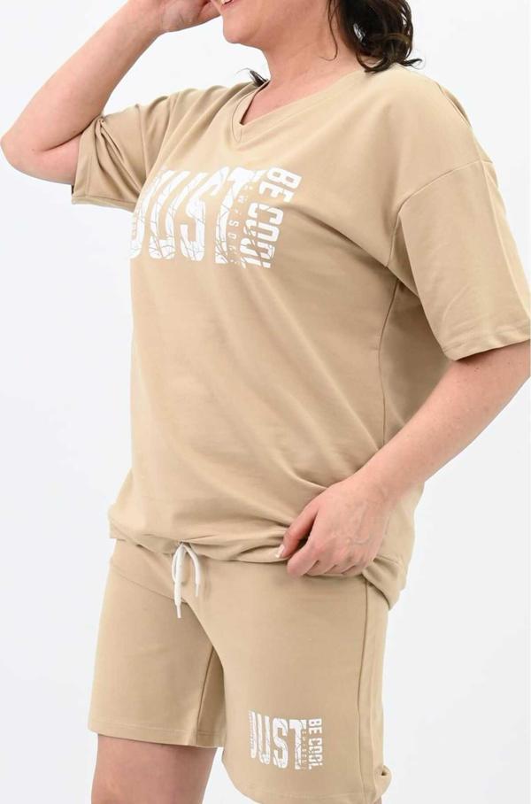 Koza Butik Kadın Büyük Beden Baskılı Şort Takım 8087-24 Koyu Bej 3XL - Image 1