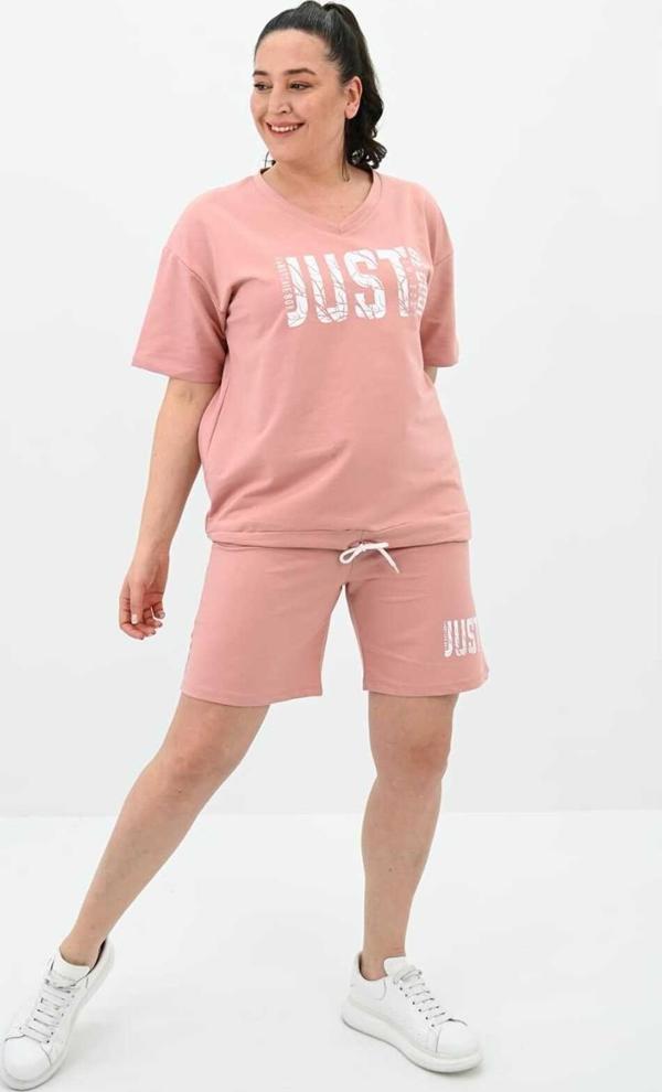 Koza Butik Kadın Büyük Beden Baskılı Şort Takım 8087-24 Pembe 4XL - Image 1