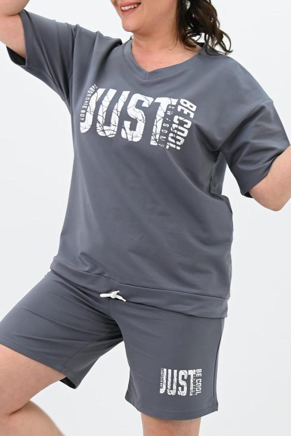 Koza Butik Kadın Büyük Beden Baskılı Şort Takım 8087-24 Gri 4XL - Image 1