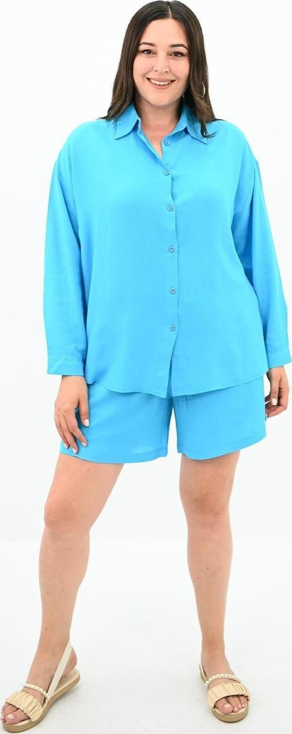 Koza Butik Kadın Büyük Beden Uzun Kollu Şortlu İkili Takım 8127-25 Bebe Mavi 2XL - Image 1