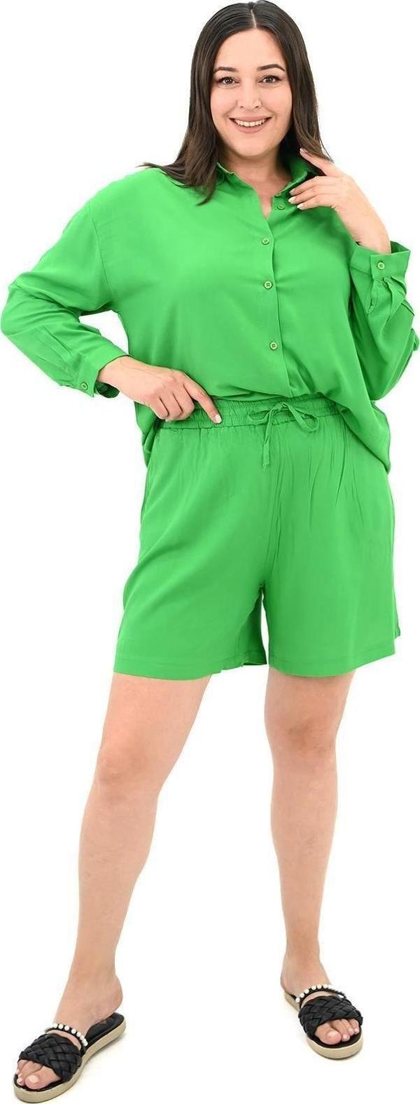 Koza Butik Kadın Büyük Beden Uzun Kollu Şortlu İkili Takım 8127-25 Benetton Yeşil 3XL - Image 1