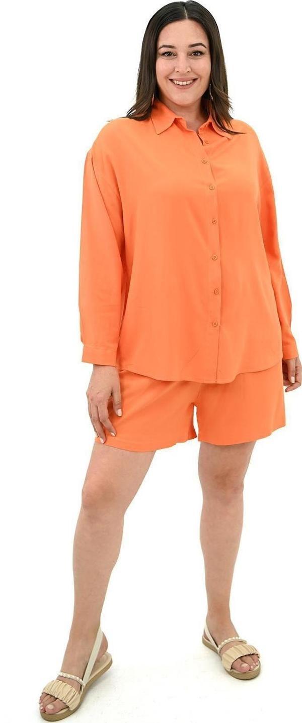 Koza Butik Kadın Büyük Beden Uzun Kollu Şortlu İkili Takım 8127-25 Turuncu 4XL - Image 1