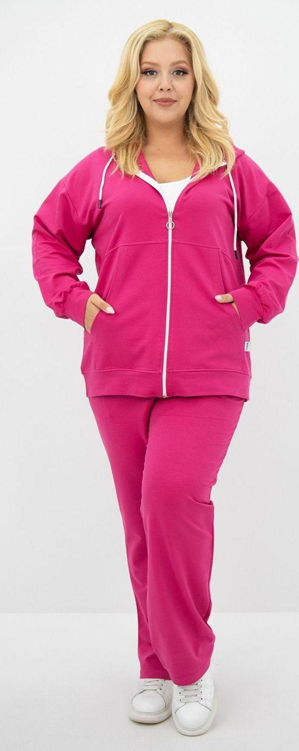 Koza Butik Kadın Büyük Beden Kapüşonlu Cep Detaylı Eşofman Takımı 8139-25 Fuşya XL - Image 1