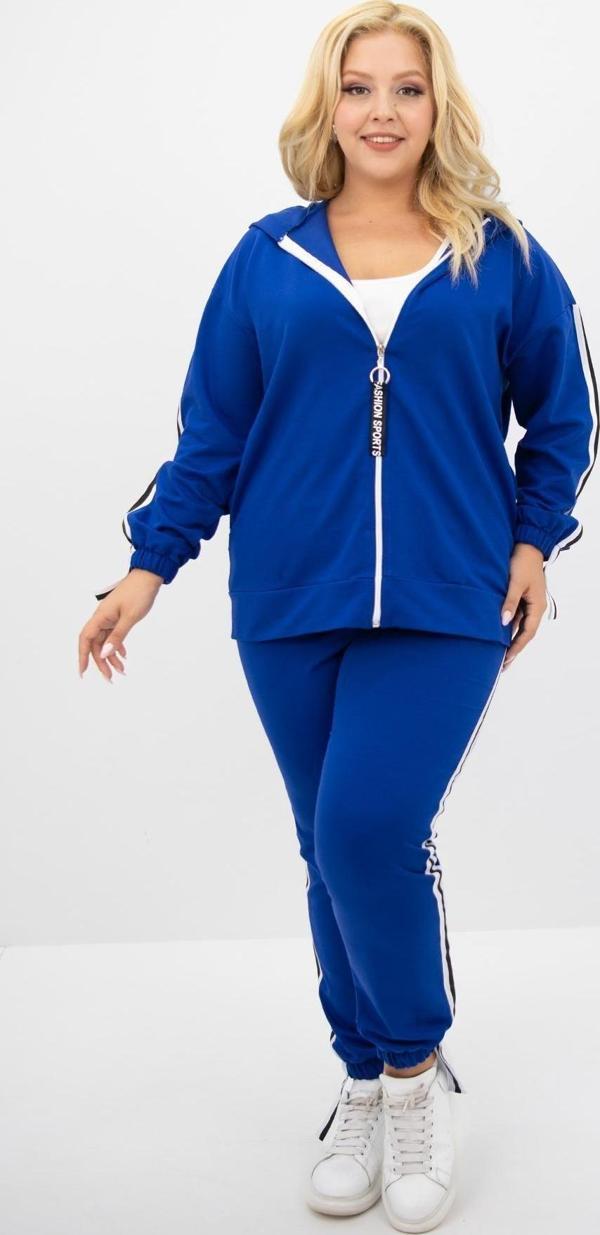 Koza Butik Kadın Büyük Beden Kapüşonlu Baskı Detaylı Eşofman Takımı 8136-25 Saks Mavi 5XL - Image 1