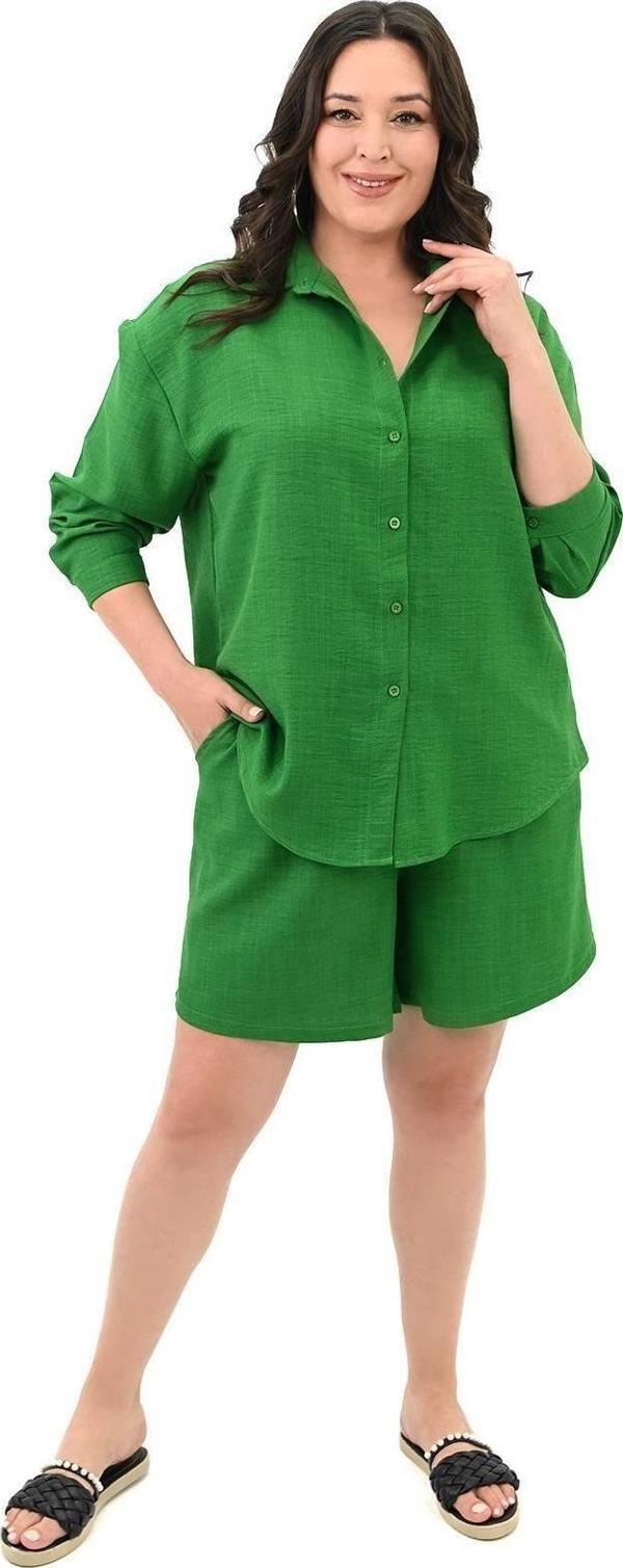 Koza Butik Kadın Büyük Beden Şortlu Keten Takım 8121-25 Benetton Yeşil 2XL - Image 1