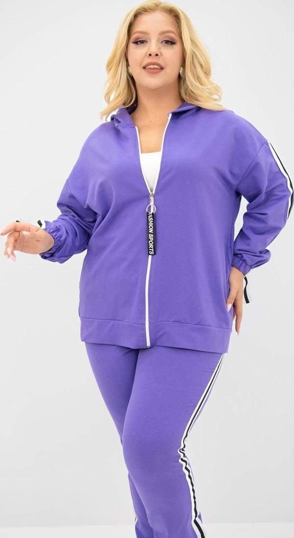 Koza Butik Kadın Büyük Beden Kapüşonlu Baskı Detaylı Eşofman Takımı 8136-25 Mor 4XL - Image 1