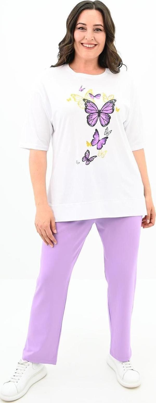 Koza Butik Kadın Büyük Beden Kelebek Baskı Detaylı T-Shirt Takım 8114-25 Lila XL - Image 1