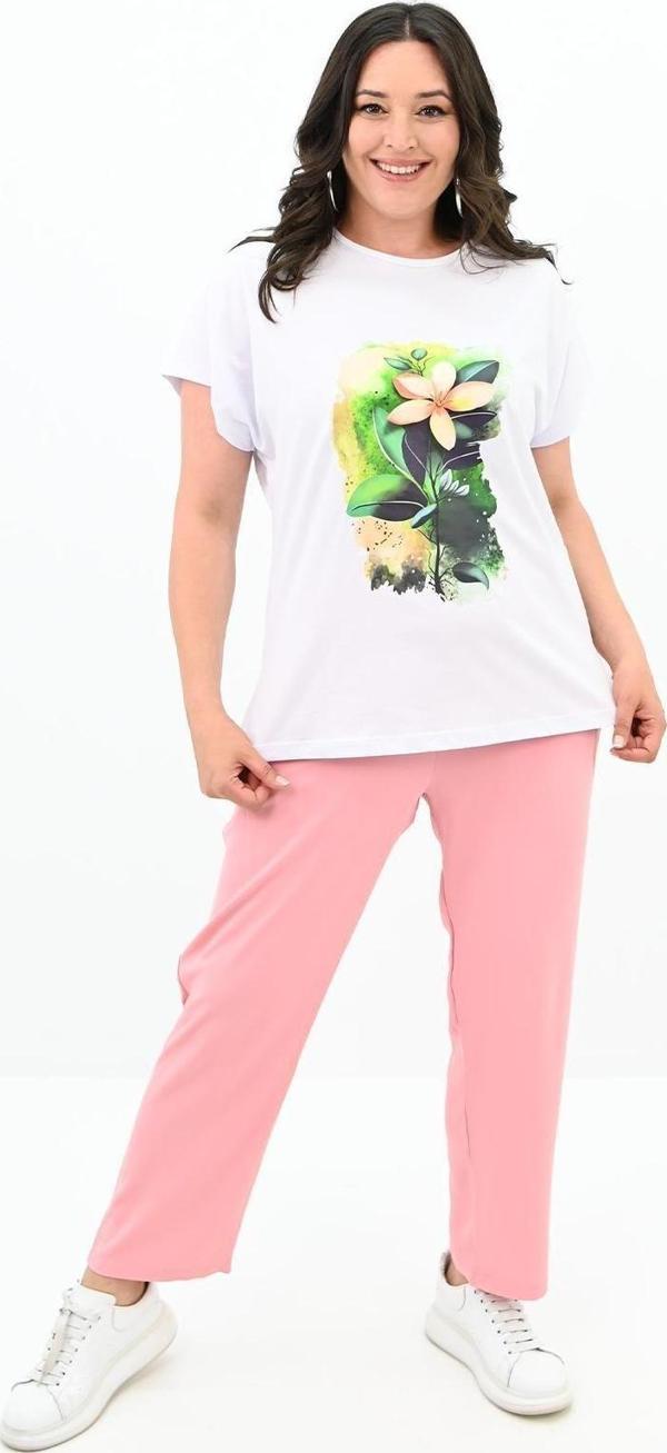 Koza Butik Kadın Büyük Beden Çiçek Baskı Detaylı Eşofman Takımı 8119-25 Somon XL - Image 1