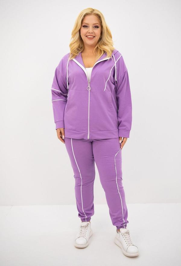 Koza Butik Kadın Büyük Beden Kapüşonlu Fermuar Detaylı Eşofman Takımı 8130-25 Lila 4XL - Image 1