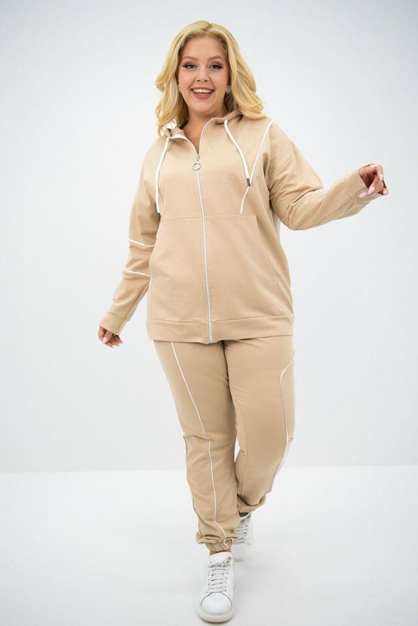 Koza Butik Kadın Büyük Beden Kapüşonlu Fermuar Detaylı Eşofman Takımı 8130-25 Koyu Bej 2XL - Image 1