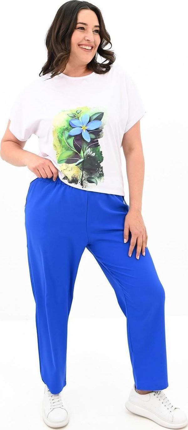 Koza Butik Kadın Büyük Beden Çiçek Baskı Detaylı Eşofman Takımı 8119-25 Saks Mavi 4XL - Image 1