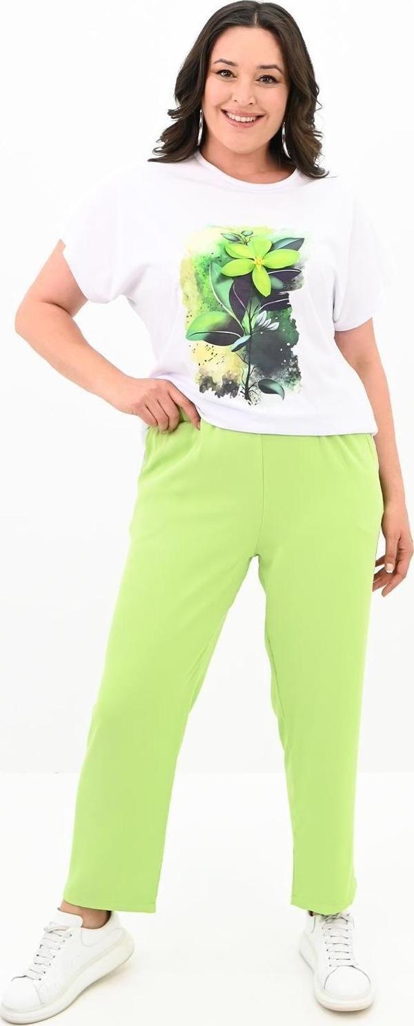 Koza Butik Kadın Büyük Beden Çiçek Baskı Detaylı Eşofman Takımı 8119-25 Fıstık Yeşili 5XL - Image 1