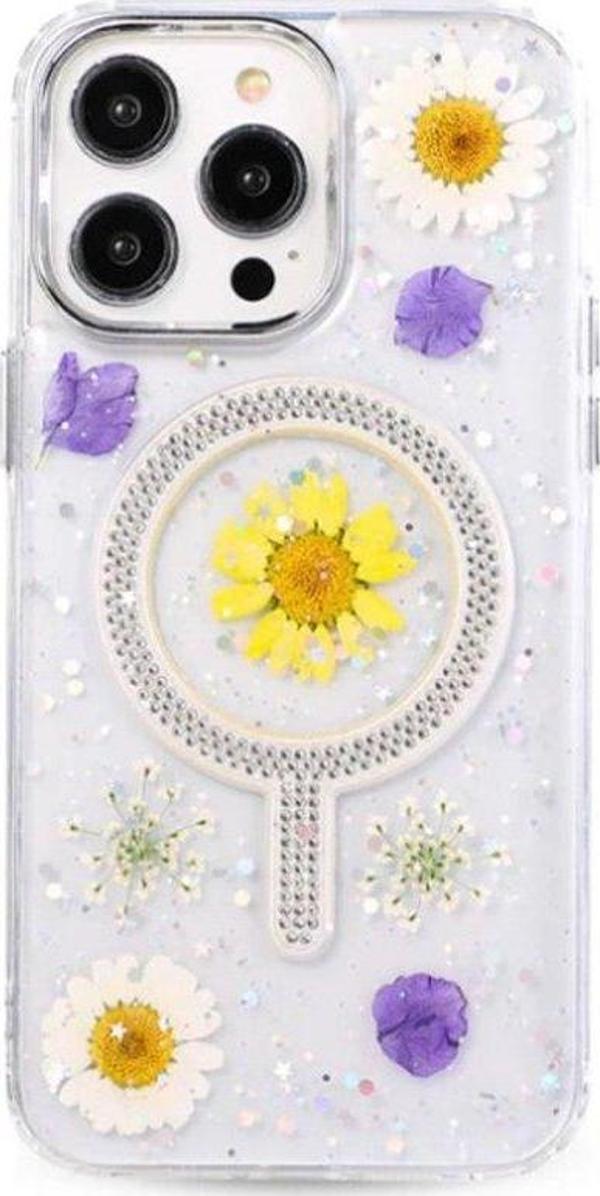 Apple iphone 14 Pro Max Kılıf Magsafe Şarj Özellikli Çiçek Desenli Flower Kapak  - Image 1