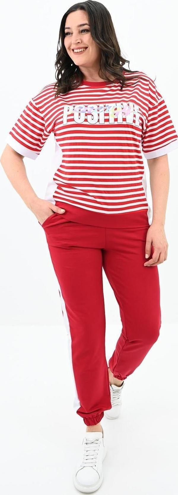 Koza Butik Kadın Büyük Beden Çizgili Eşofman Takımı 8106-24 Kırmızı 5XL - Image 1