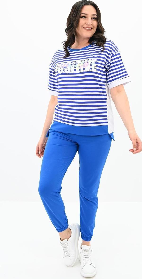 Koza Butik Kadın Büyük Beden Çizgili Eşofman Takımı 8106-24 Saks Mavi 4XL - Image 1