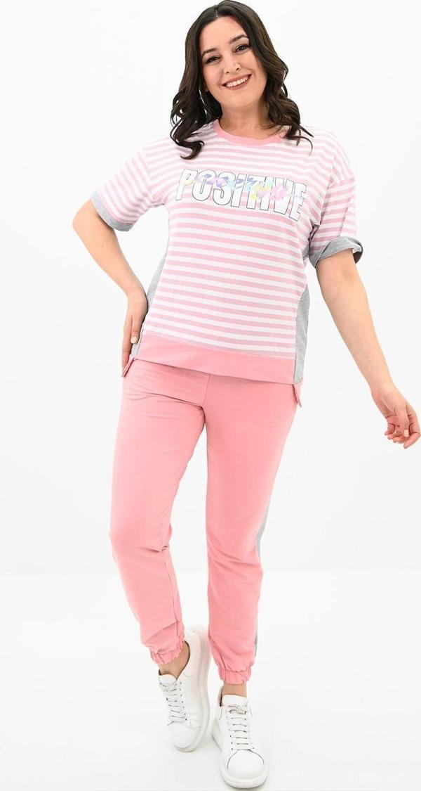 Koza Butik Kadın Büyük Beden Çizgili Eşofman Takımı 8106-24 Pembe 5XL - Image 1