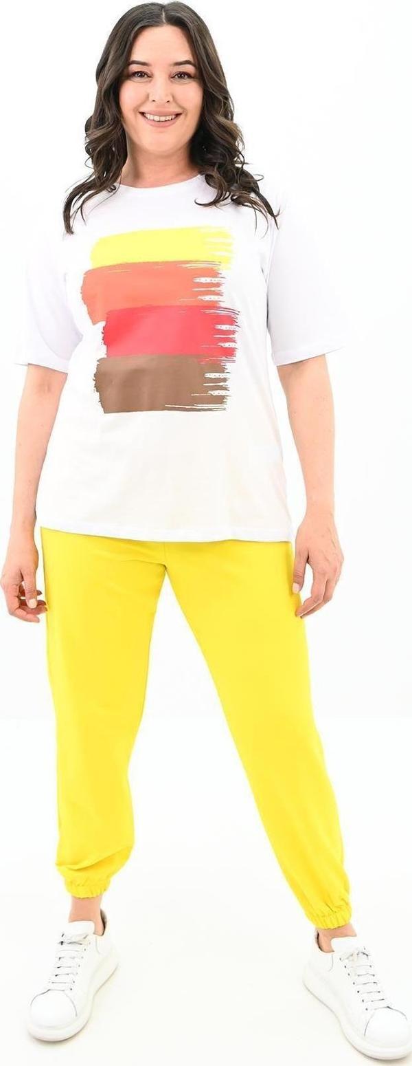 Koza Butik Kadın Büyük Beden Baskı Detaylı Eşofman Takımı 3695-23 Sarı 6XL - Image 1