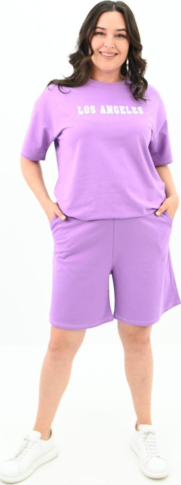 Koza Butik Kadın Büyük Beden Baskılı Şort Takım 8122-25 Lila 4XL - Image 1