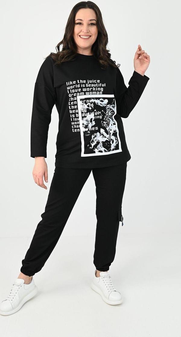 Koza Butik Kadın Büyük Beden Baskılı Kar-go Cep Detaylı Eşofman Takımı 8075-25 Siyah 2XL - Image 1