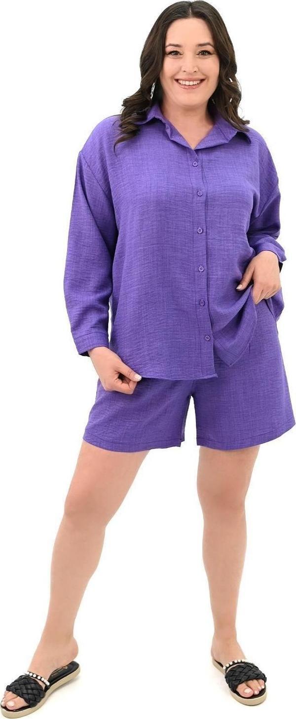 Koza Butik Kadın Büyük Beden Şortlu Keten Takım 8121-25 Mor XL - Image 1
