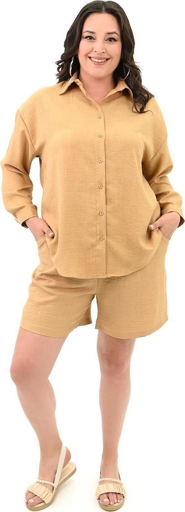 Koza Butik Kadın Büyük Beden Şortlu Keten Takım 8121-25 Camel 2XL - Image 1