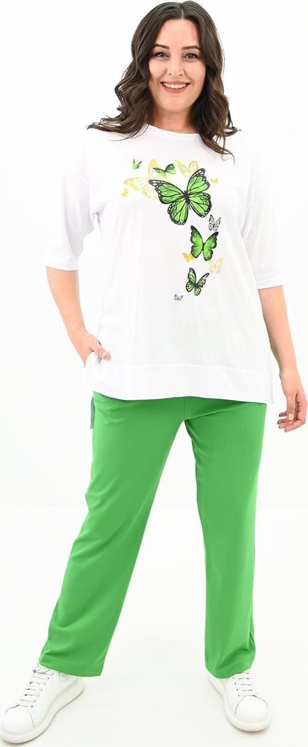 Koza Butik Kadın Büyük Beden Kelebek Baskı Detaylı T-Shirt Takım 8114-25 Benetton Yeşil 2XL - Image 1