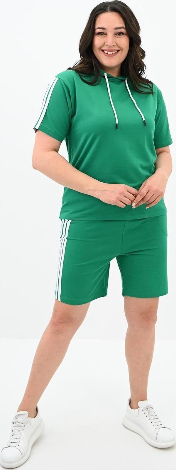 Koza Butik Kadın Çizgi Detaylı Büyük Beden Şortlu Takım 3768-23 Benetton Yeşil 6XL - Image 1