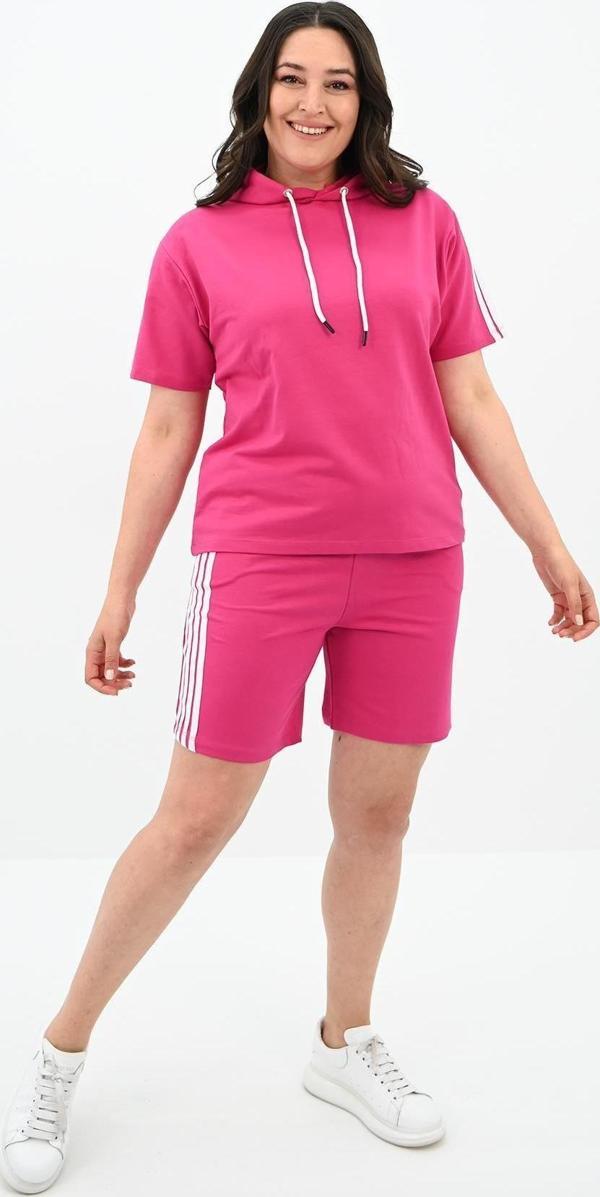 Koza Butik Kadın Çizgi Detaylı Büyük Beden Şortlu Takım 3768-23 Fuşya 2XL - Image 1