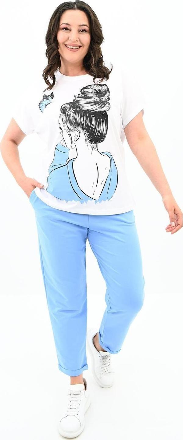 Koza Butik Kadın Büyük Beden Kız Baskılı T-Shirt Takım 3800-23 Bebe Mavi 5XL - Image 1