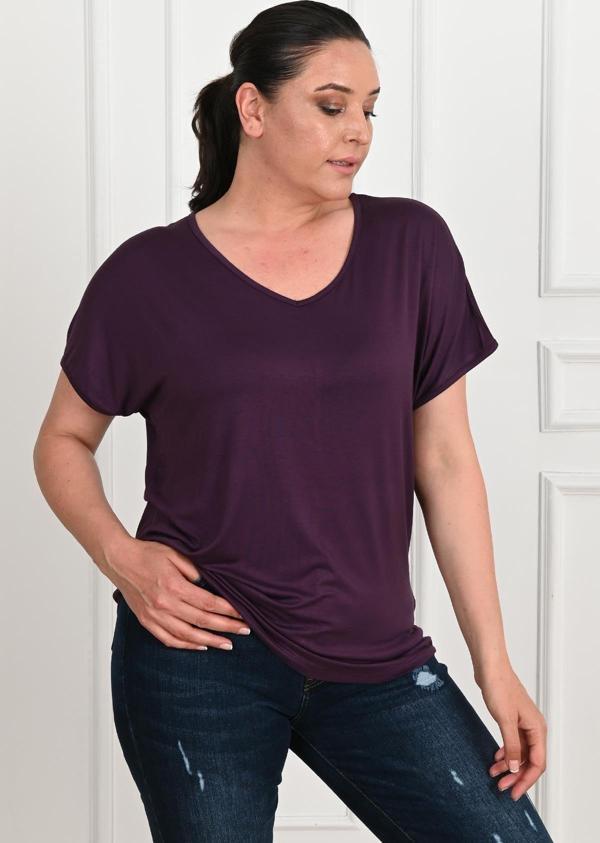 Koza Butik Kadın V Yaka Büyük Beden T-Shirt 1486-23 Mor XL - Image 1