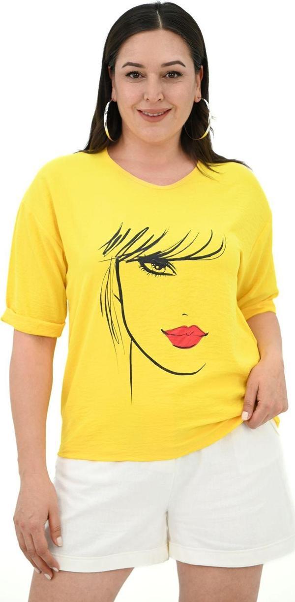 Koza Butik Kadın Büyük Beden Yüz Baskılı T-Shirt 1788-25 Sarı XL - Image 1
