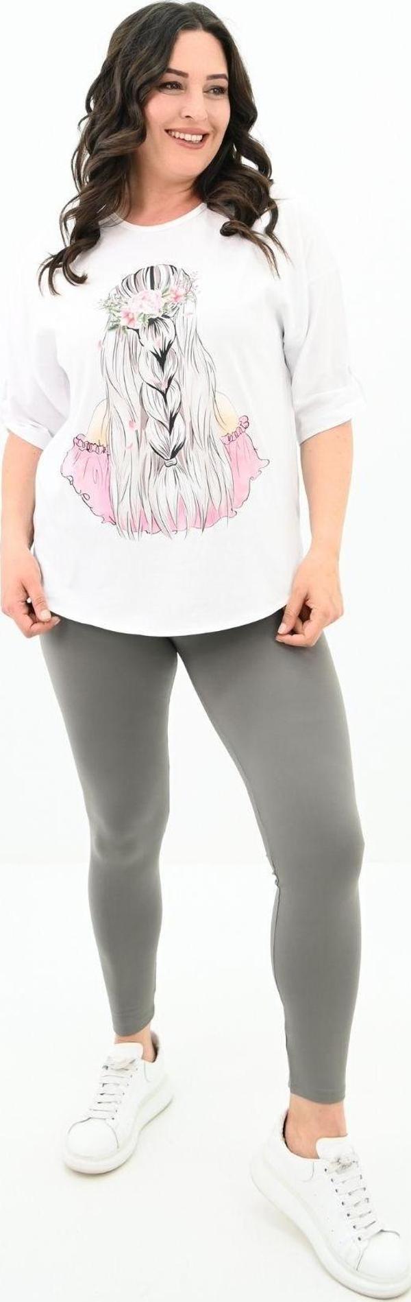 Koza Butik Kadın Büyük Beden Düşük Omuz Oversize T-Shirt 1773-1-24 Beyaz 4XL - Image 1