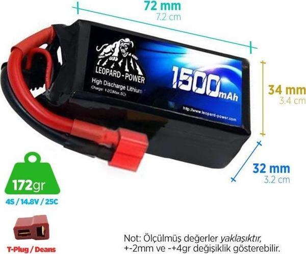 Leopard Power 1500 mAh 14.8V 4S 25C Lityum Polimer Lipo Batarya Pil T Plug - Image 1