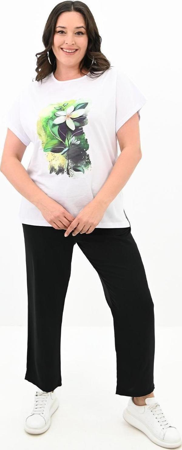 Koza Butik Kadın Büyük Beden Çiçek Baskı Detaylı Eşofman Takımı 8119-25 Siyah 2XL - Image 1