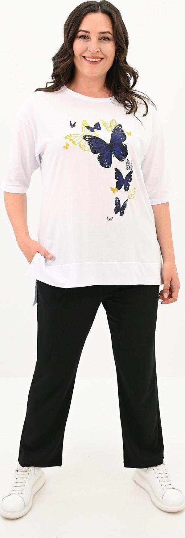 Koza Butik Kadın Büyük Beden Kelebek Baskı Detaylı T-Shirt Takım 8114-25 Siyah 2XL - Image 1