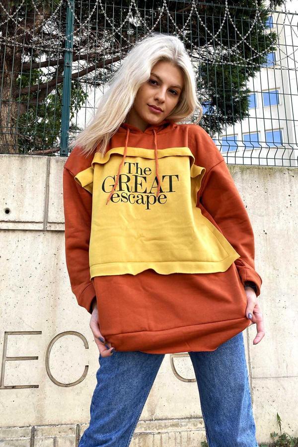 Nisanca Uzun Kollu Collage Unisex Turuncu Oversize Sweatshirt  - Image 1
