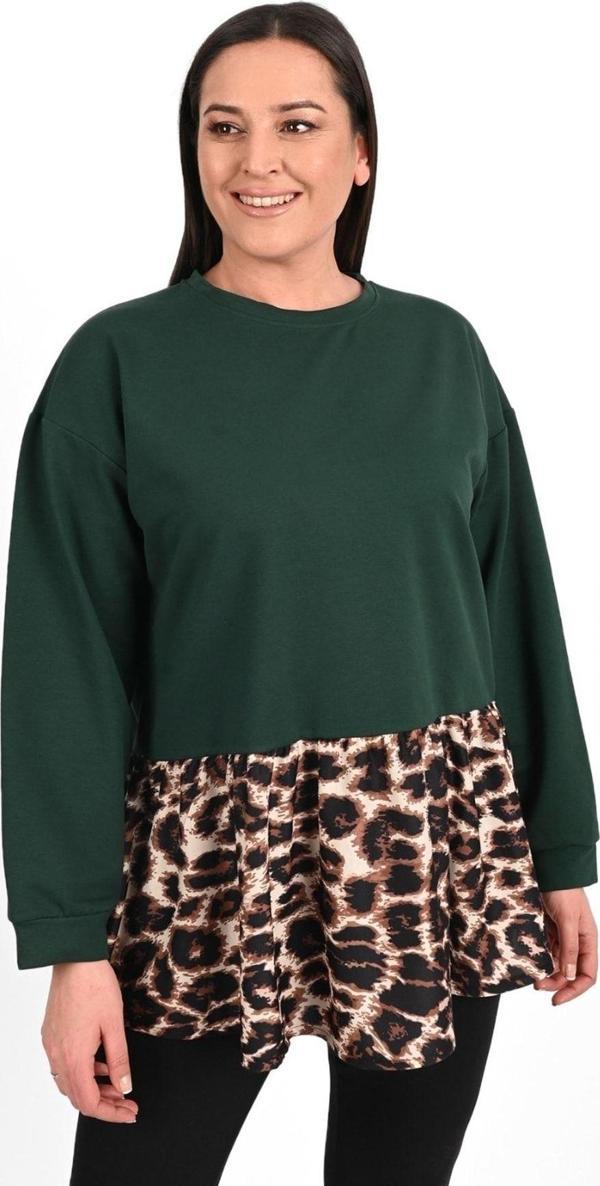 Koza Butik Kadın Pileli Leopar Detaylı Büyük Beden Tunik 1435-23 Zümrüt Yeşili 4XL - Image 1