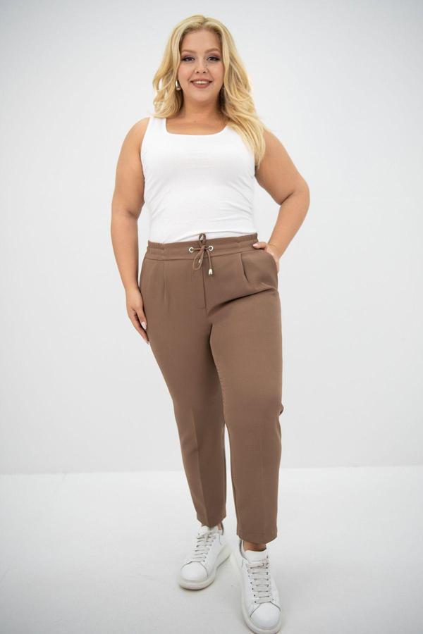 Koza Butik Kadın Büyük Beden Yüksek Bel Dökümlü Pantolon 6201-25 Kahverengi 48 - Image 1