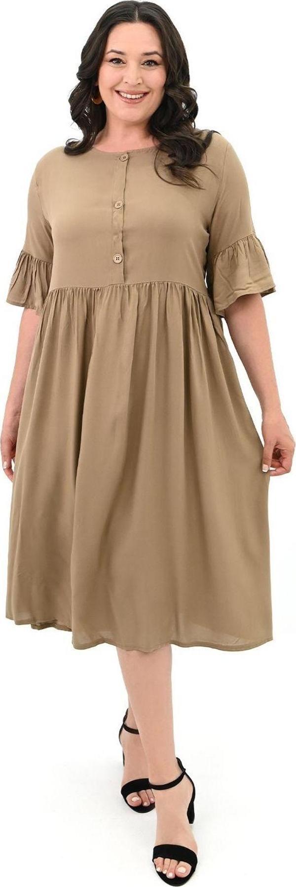 Koza Butik Kadın Büyük Beden Düğme Detaylı Elbise 5241-25 Bej XL - Image 1
