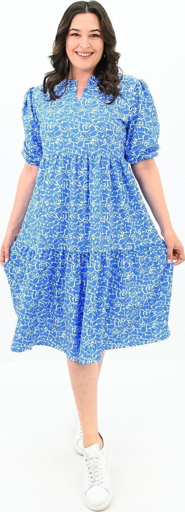 Koza Butik Kadın Büyük Beden Çiçek Desenli Elbise 5230-25 Koyu Mavi XL - Image 1